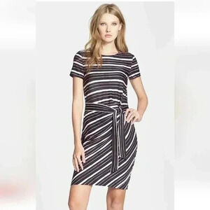DVF Diane Von Furstenberg Brie Dress Short Sleeve Sheath Tie Striped Black Pink